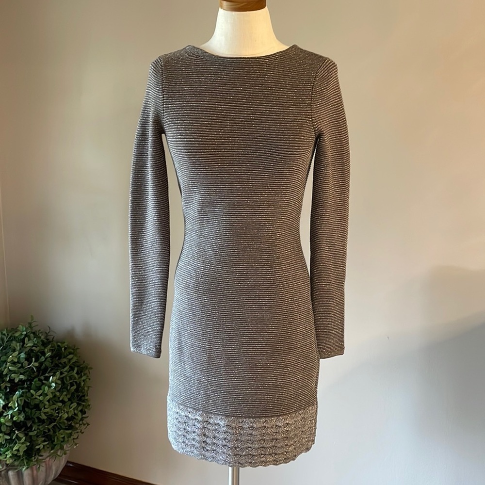 MODA International women’s metallic darker taupe Low V back dress bodycon size S